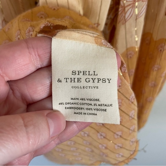 Spell and the Gypsy Collective Floral Embroidered Blouse Gold Ochre Size XS - Picture 7 of 12